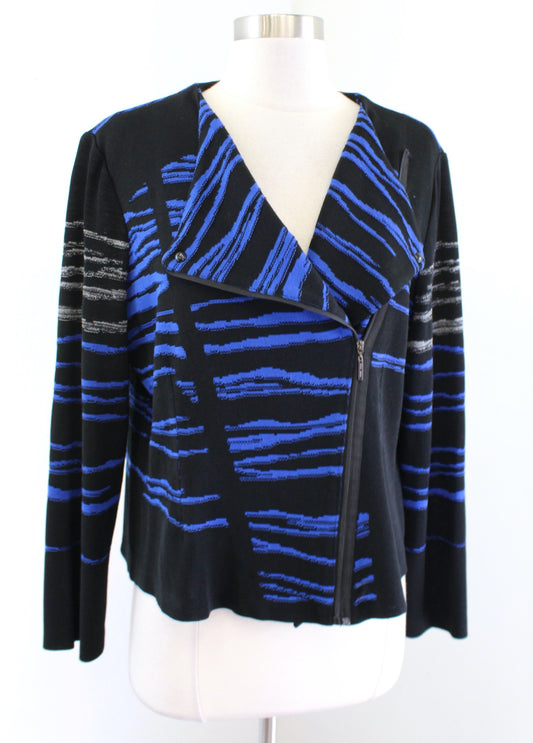 Ming Wang Black Blue Abstract Striped Asymmetric Zip Knit Jacket Moto Size PL LP