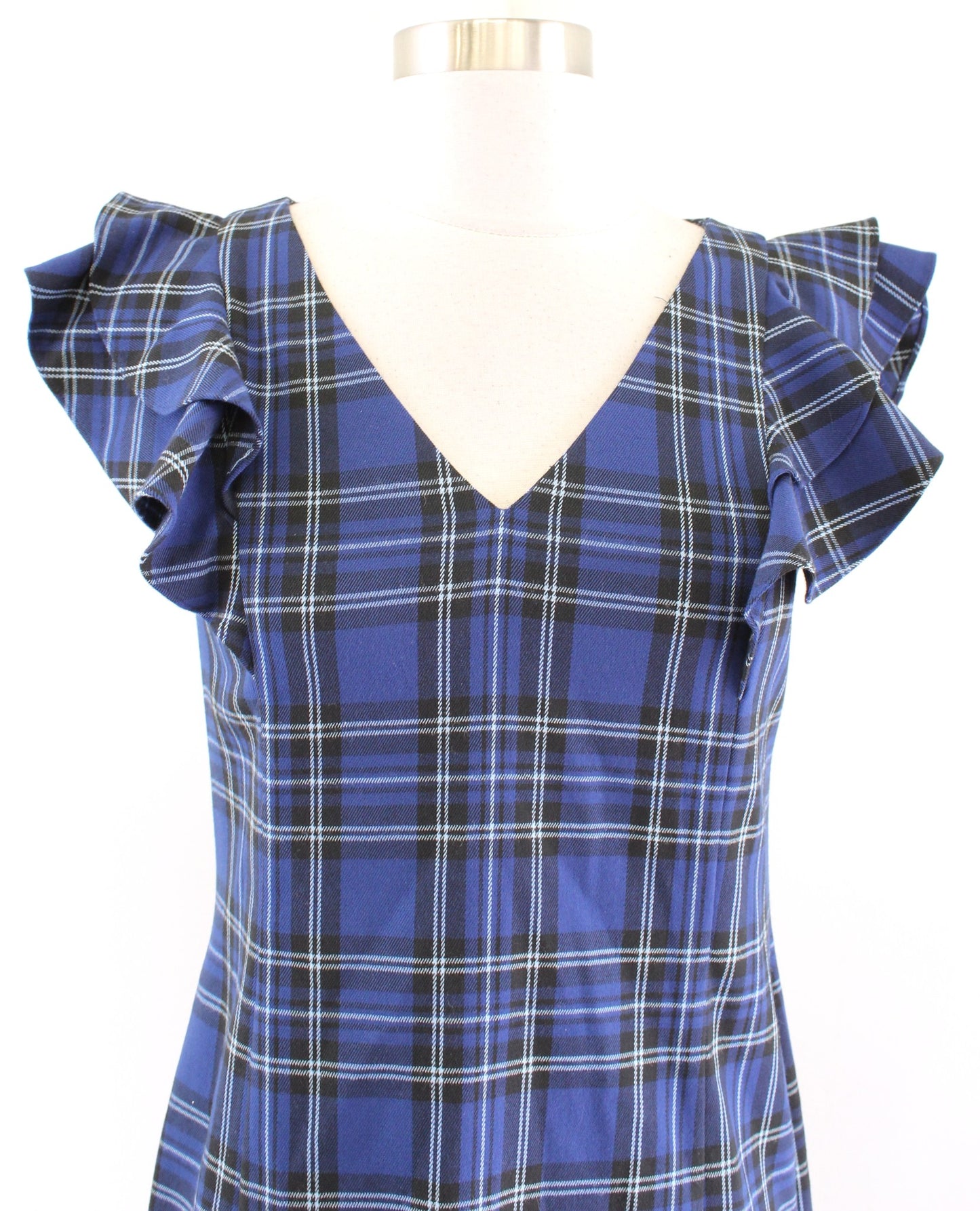 Draper James Blue Black White Plaid V Neck Ruffle Flutter Sleeve Shift Dress 2