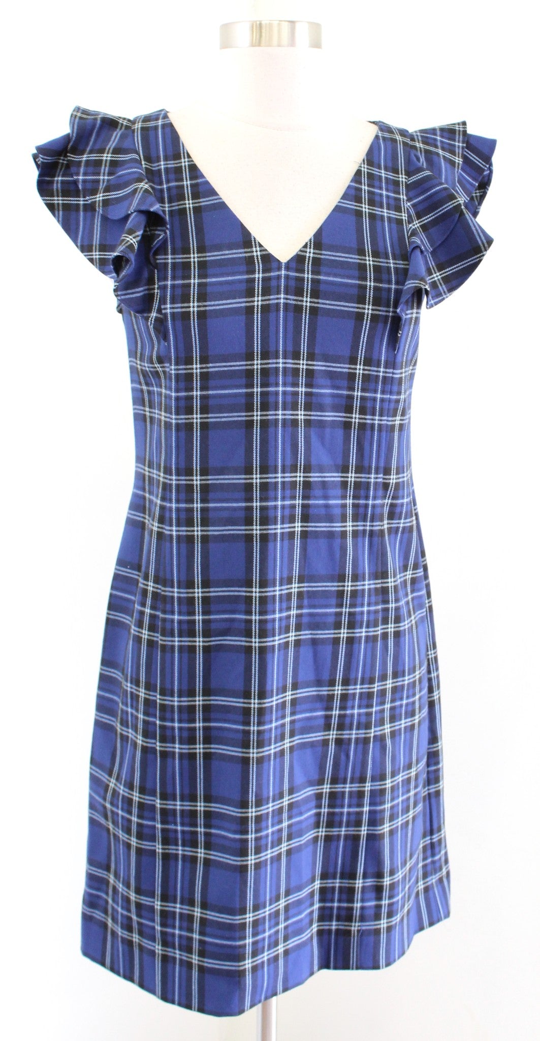 Draper James Blue Black White Plaid V Neck Ruffle Flutter Sleeve Shift Dress 2