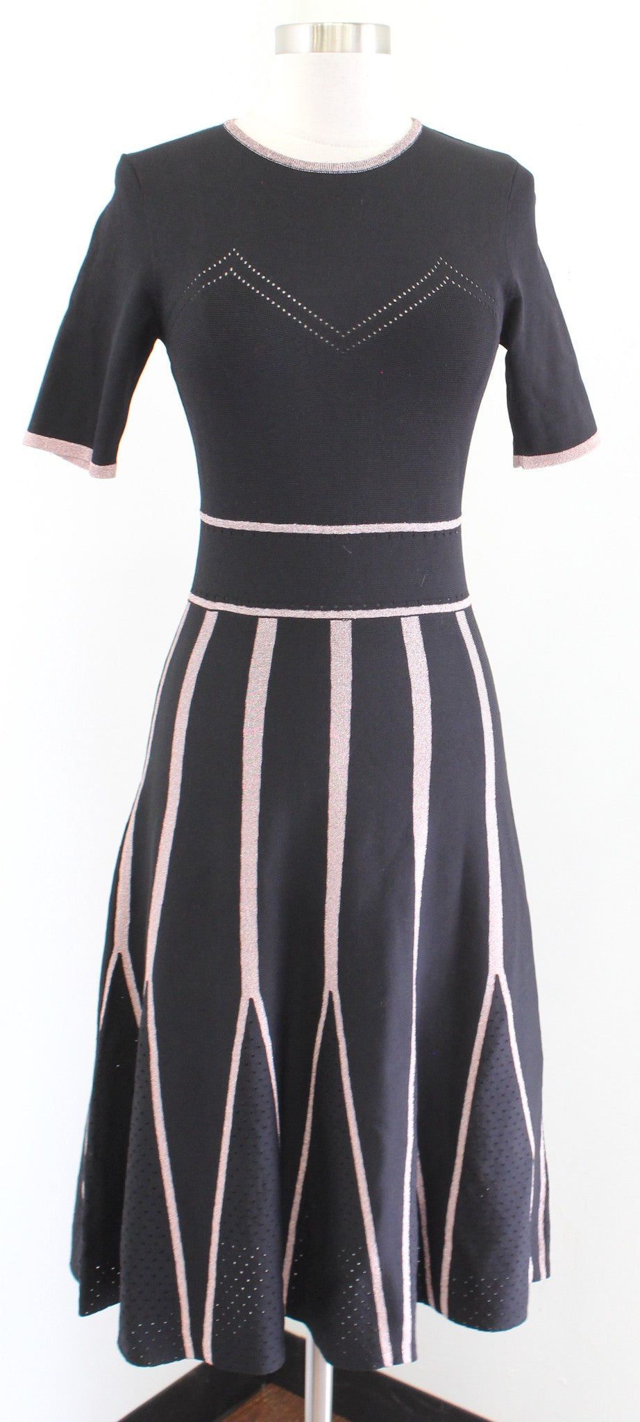 Shoshanna Black Rose Gold Striped Knit Fit and Flre Dress Sz XS Eyelet Pointelle