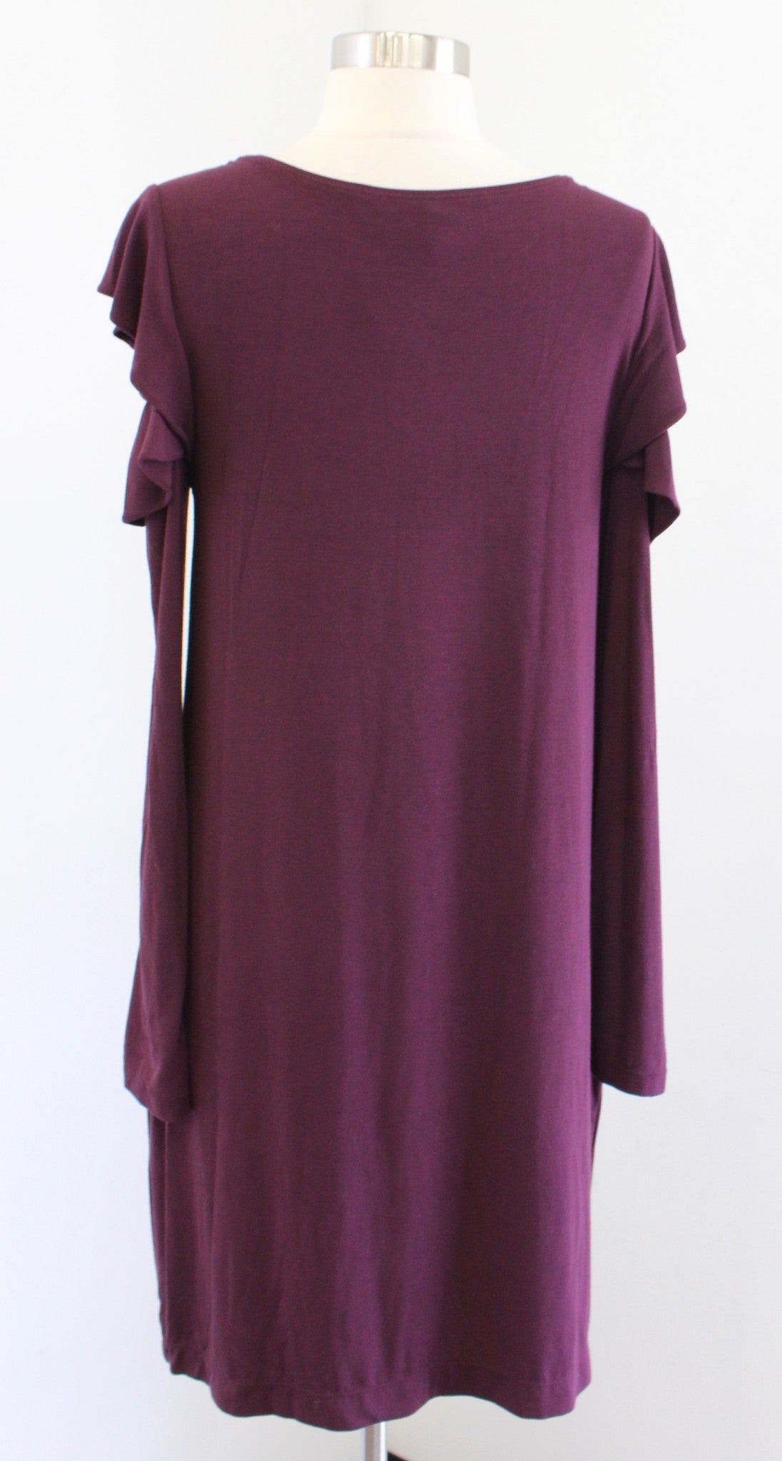 NWT $94 White House Black Market Cabernet Burgundy Ruffle Cold Shoulder Dress M