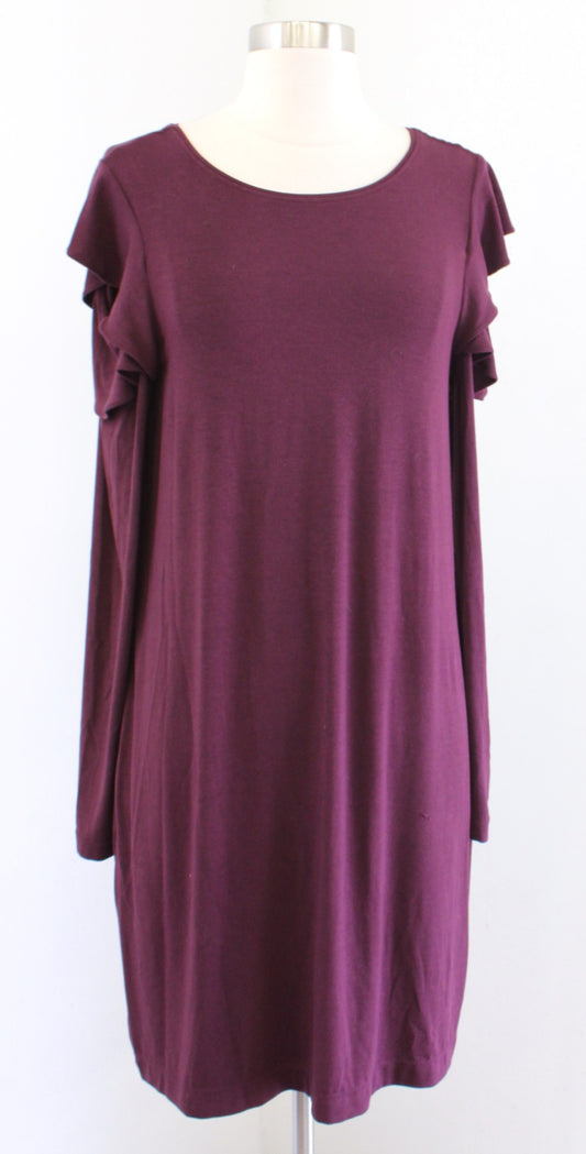 NWT $94 White House Black Market Cabernet Burgundy Ruffle Cold Shoulder Dress M