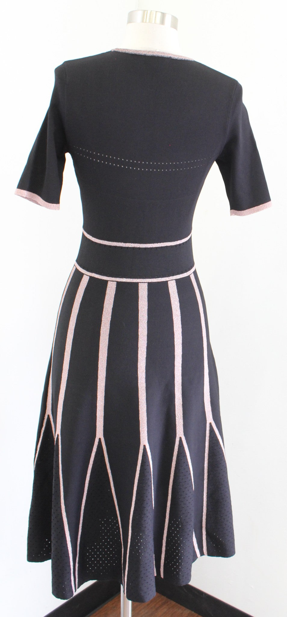 Shoshanna Black Rose Gold Striped Knit Fit and Flre Dress Sz XS Eyelet Pointelle