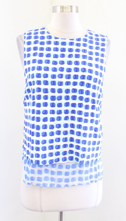 Kate Spade Island Stamp Blue Printed Contrast Hem Tank Top Blouse Size M Silk