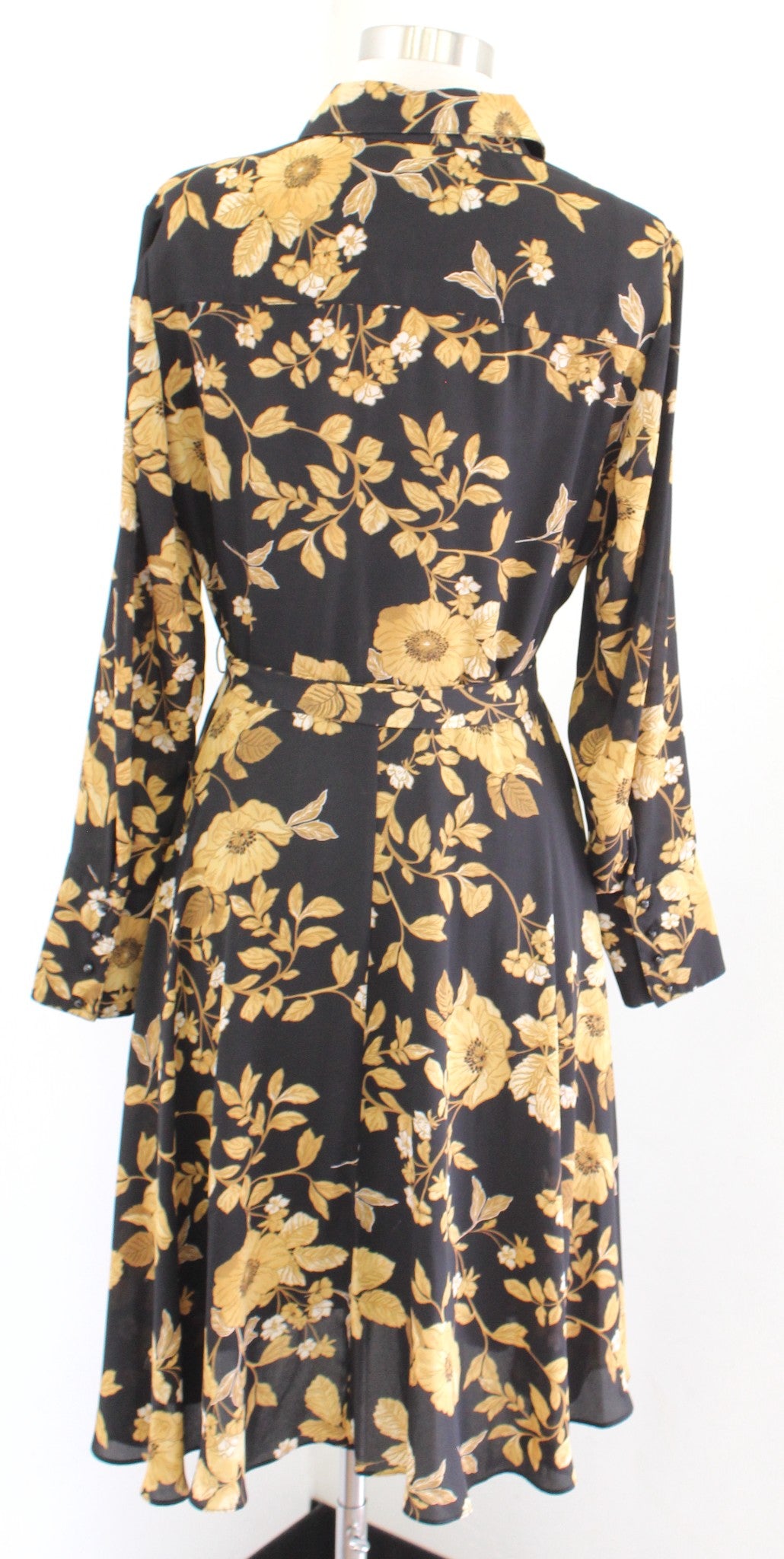 Nanette Lepore Black Yellow Gold Floral Pintuck Button Front Shirt Dress Size 6