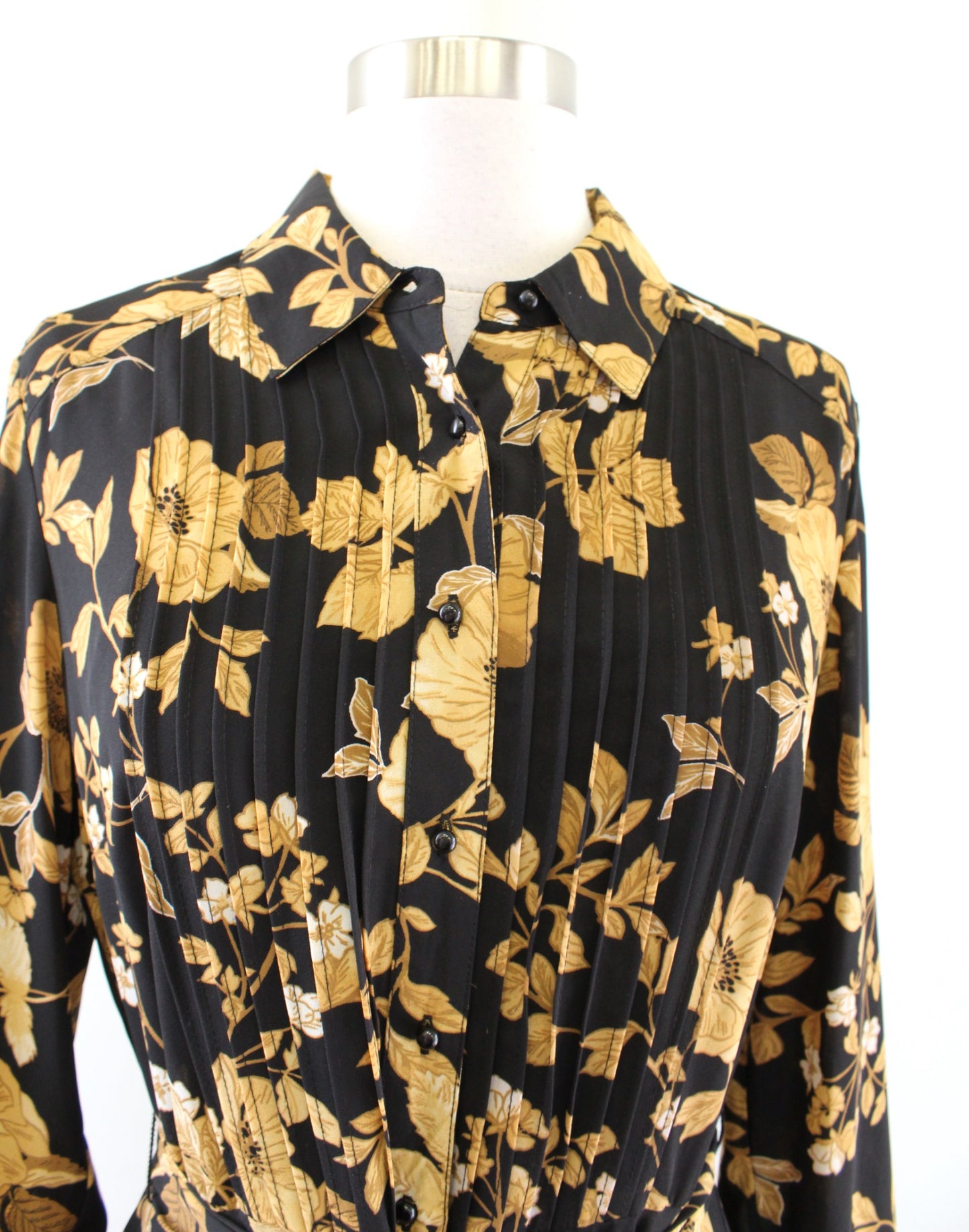 Nanette Lepore Black Yellow Gold Floral Pintuck Button Front Shirt Dress Size 6