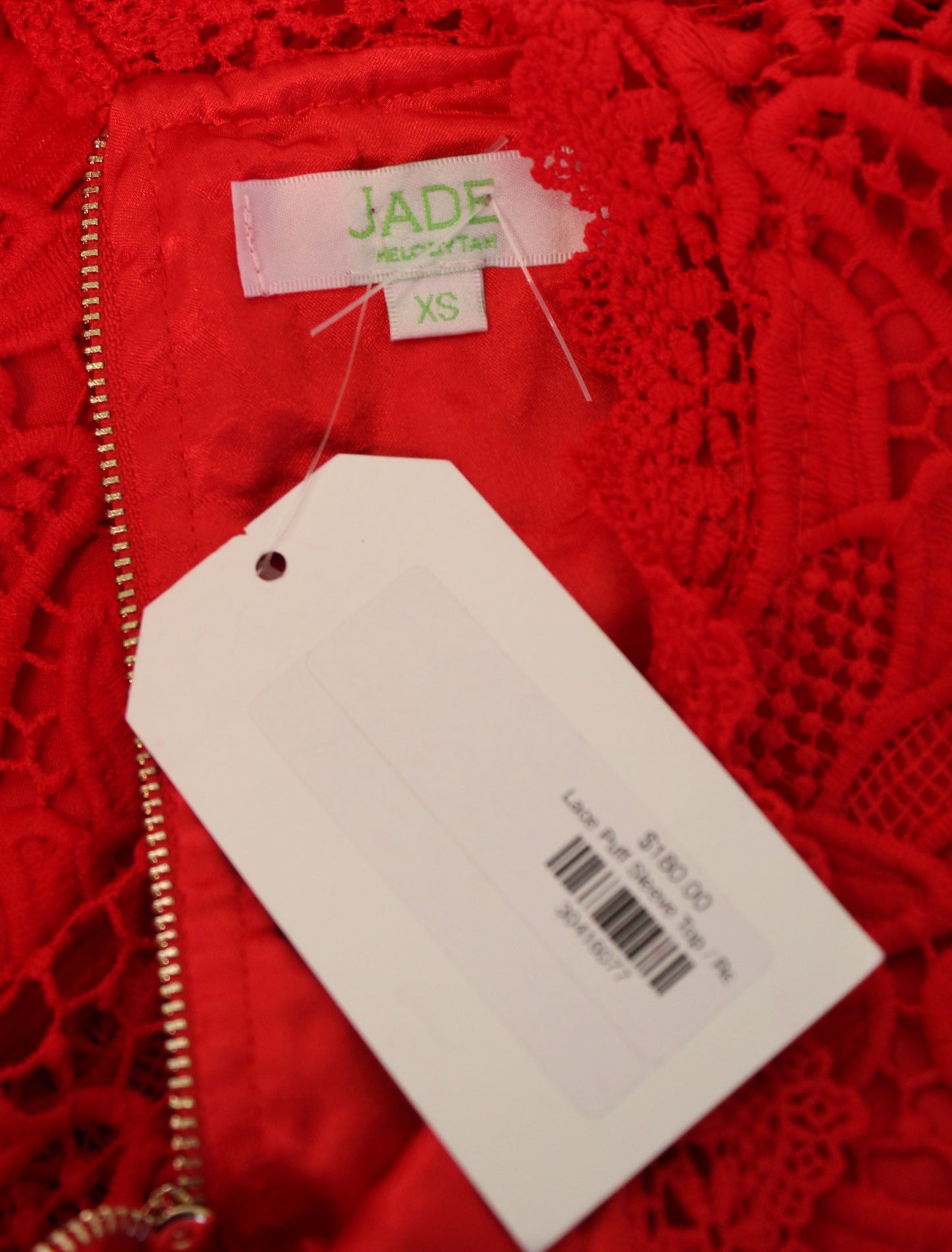 NWT $180 Jade Melody Tam Red Lace Mock Neck Puff Sleeve Top Blouse Size XS