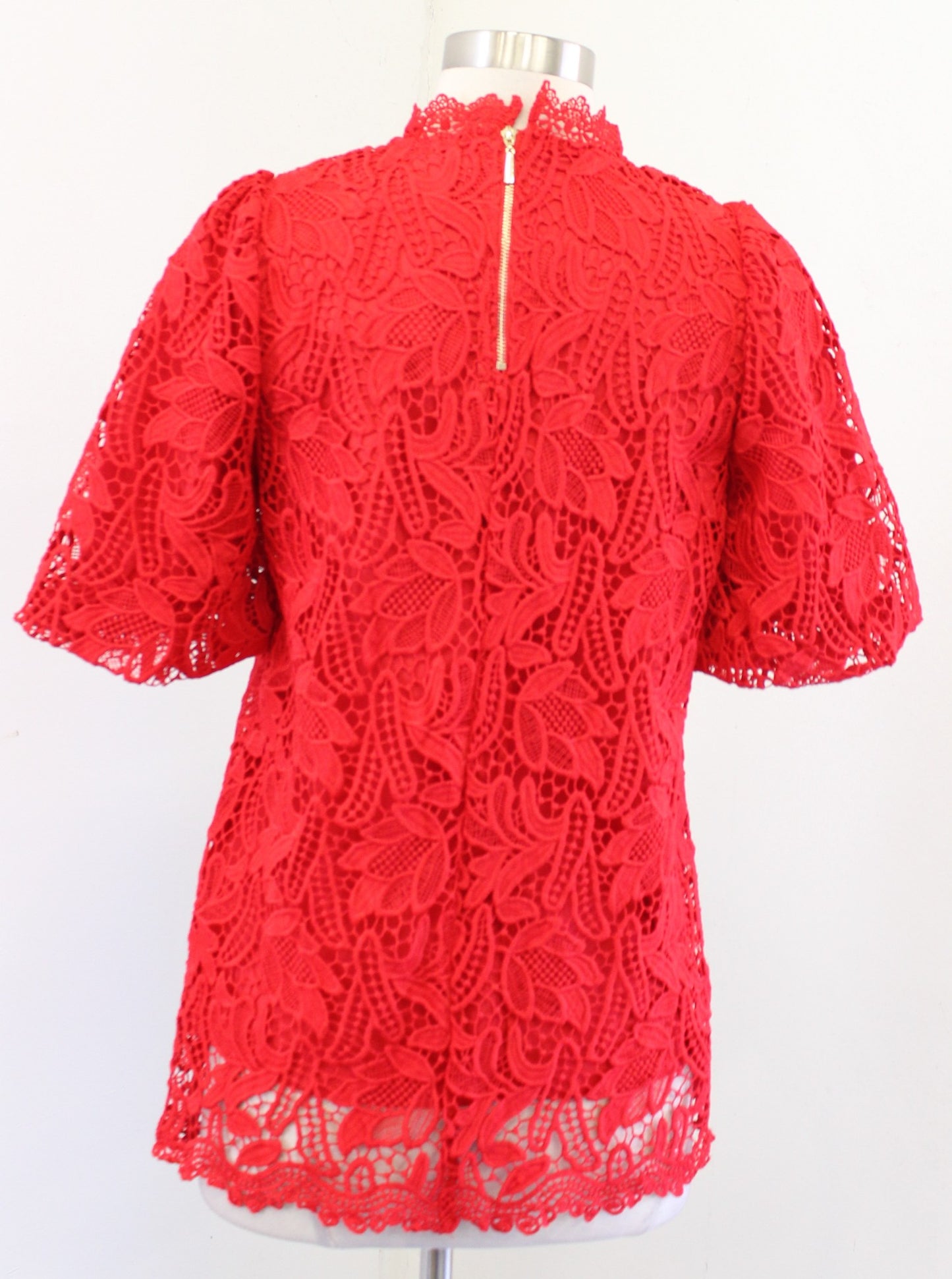 NWT $180 Jade Melody Tam Red Lace Mock Neck Puff Sleeve Top Blouse Size XS