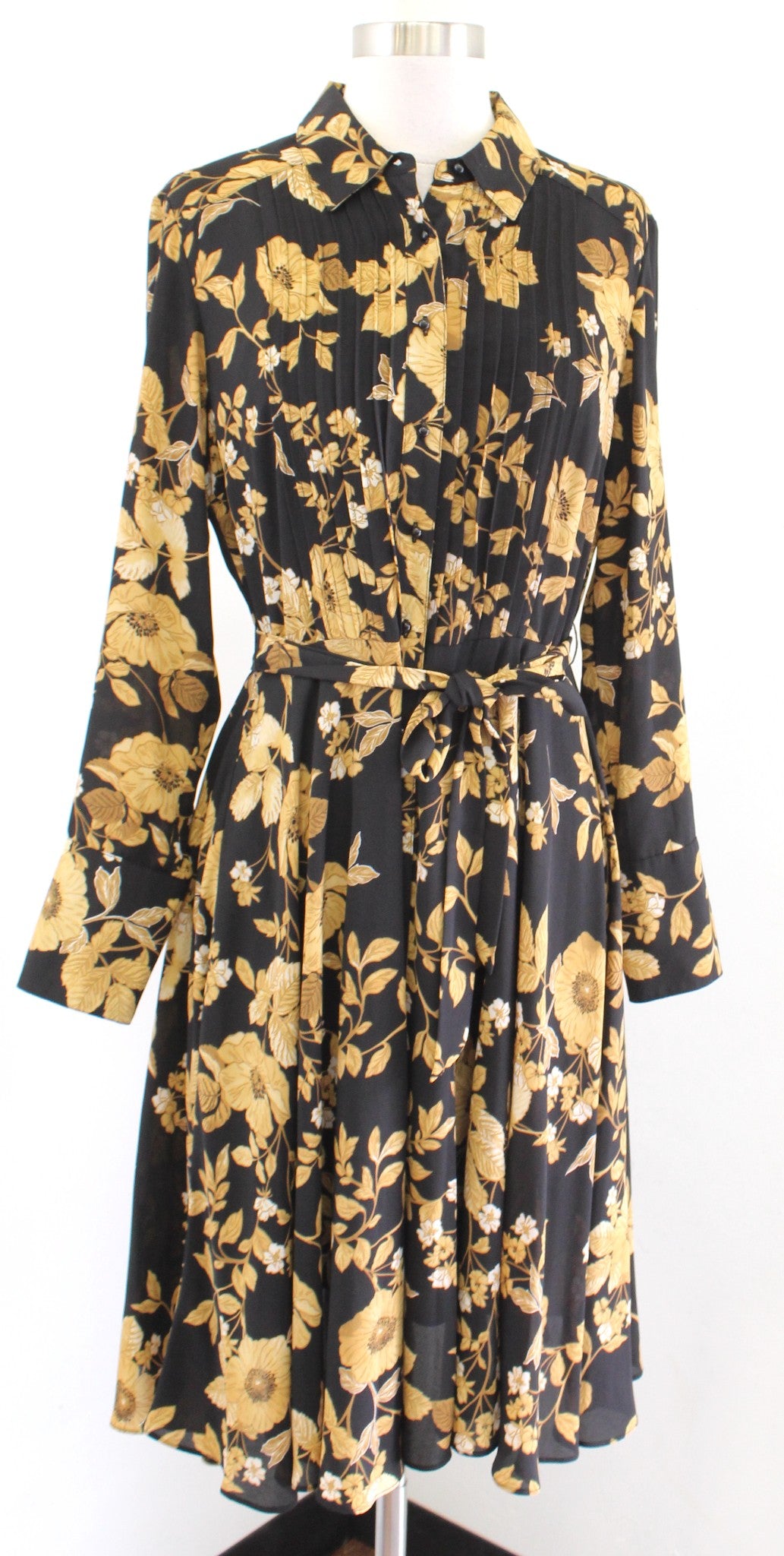 Nanette Lepore Black Yellow Gold Floral Pintuck Button Front Shirt Dress Size 6