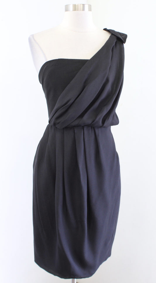 Black Halo Black Silk Draped One Shoulder Sheath Dress Size 4 Cocktail Party