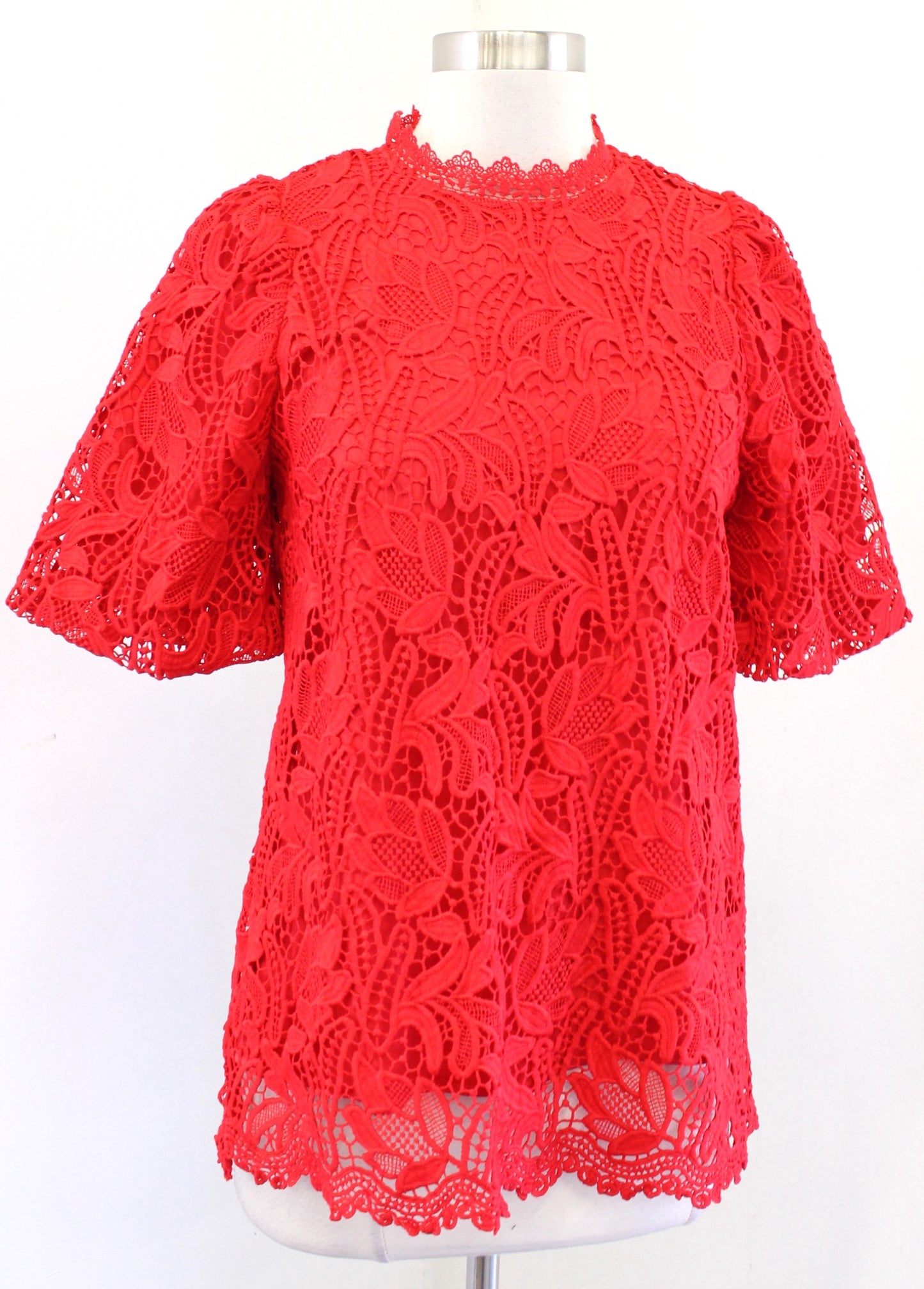 NWT $180 Jade Melody Tam Red Lace Mock Neck Puff Sleeve Top Blouse Size XS