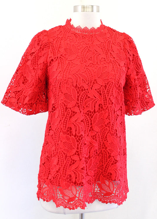 NWT $180 Jade Melody Tam Red Lace Mock Neck Puff Sleeve Top Blouse Size XS
