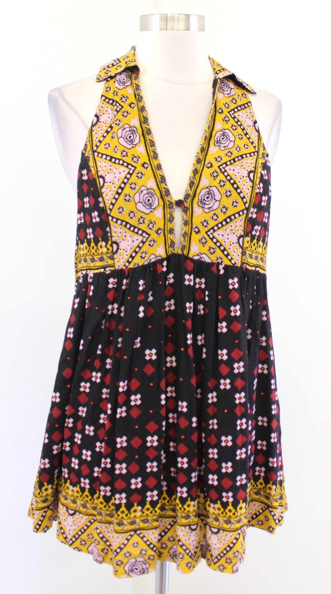 Free People Charlotte Black Geometric Floral Tunic Tank Top Blouse Size XS Boho