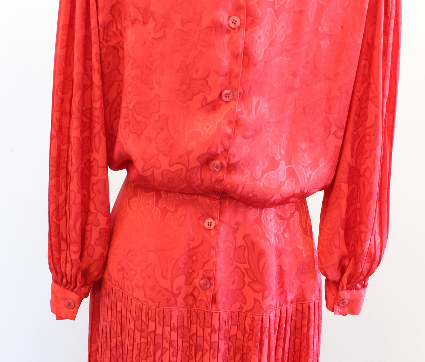 Vtg 90s Nilani Red Floral Paisley Pleated Drop Waist Shirt Dress Size 9 / 10