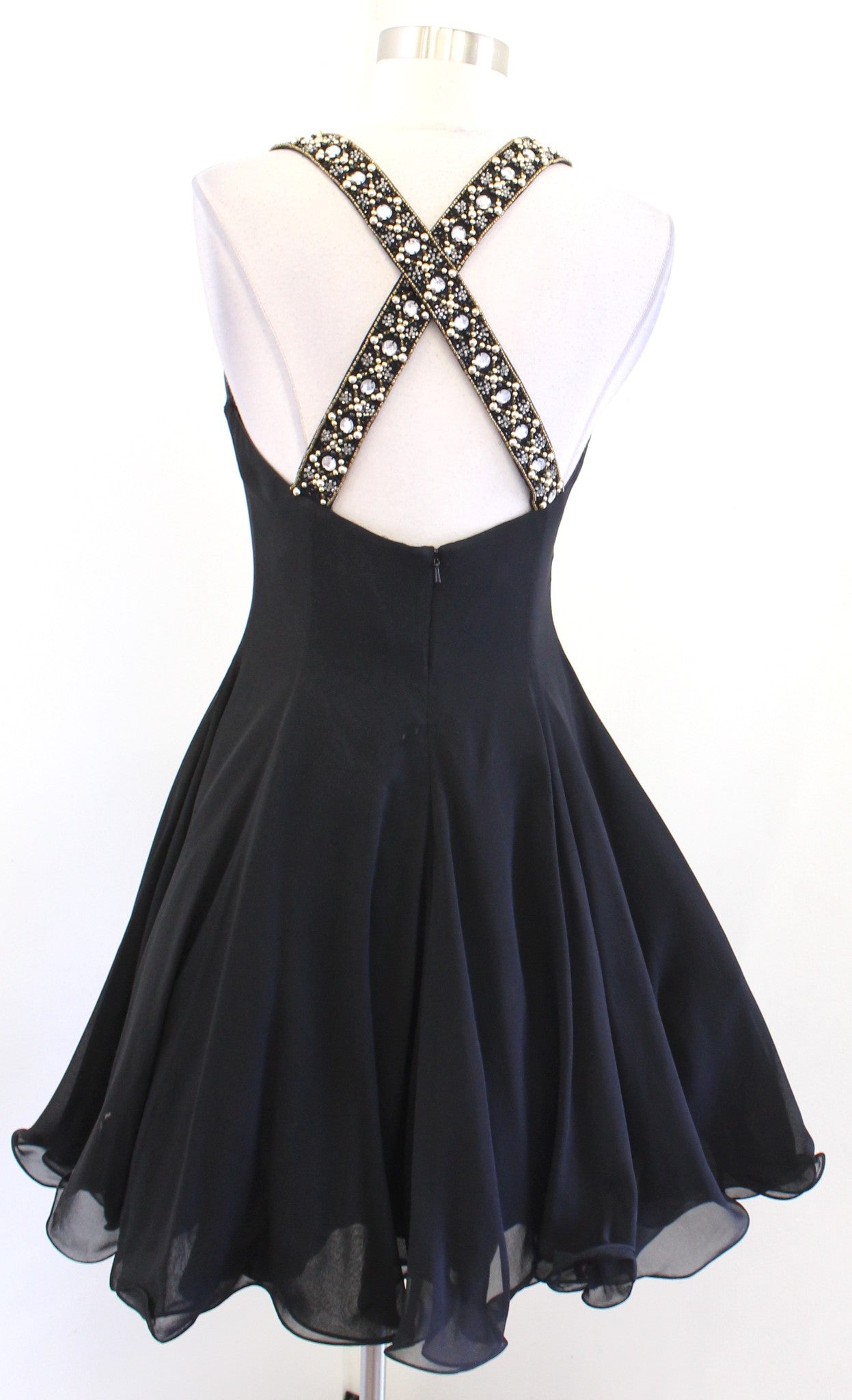 Vtg 90s Niteline Black Gold Sequin Silk Fit and Flare Cocktail Party Dress Sz 6