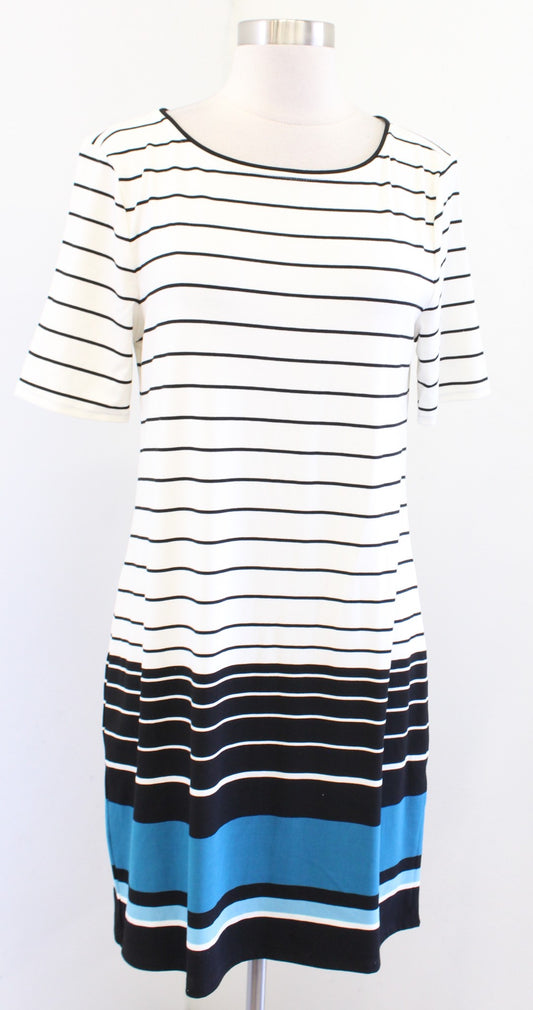 White House Black Market Striped Short Sleeve Knit Tee Shift Dress Size M Ivory