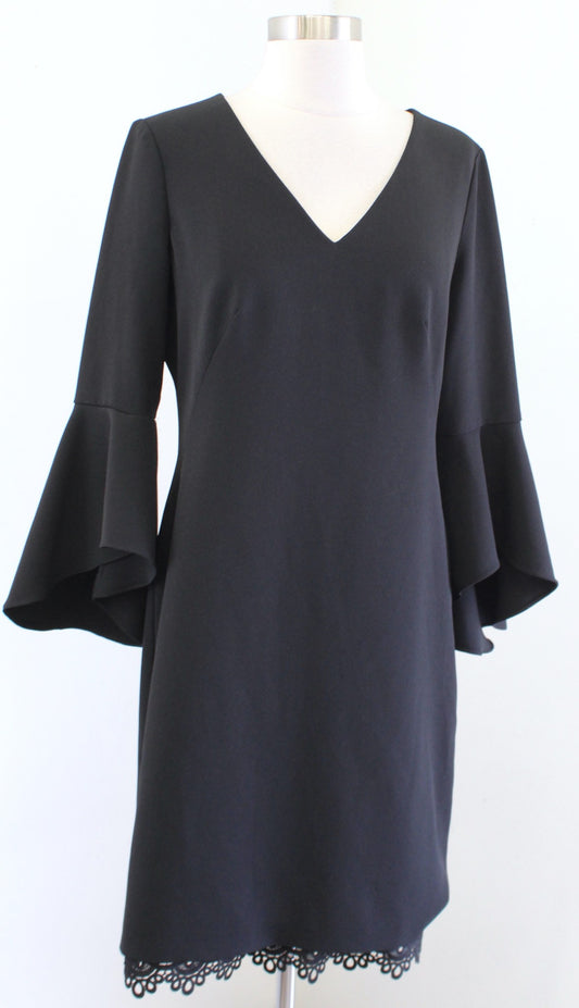 Lauren Ralph Lauren Solid Black V Neck Crochet Trim Bell Sleeve Dress Size 8