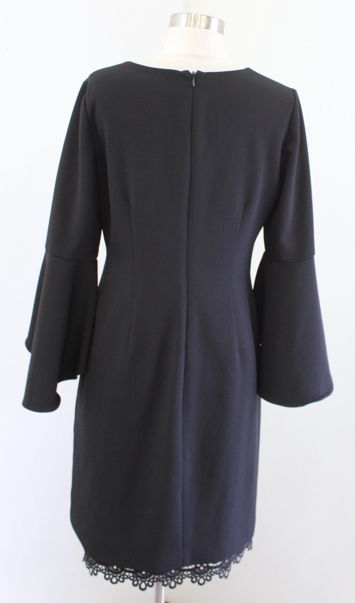 Lauren Ralph Lauren Solid Black V Neck Crochet Trim Bell Sleeve Dress Size 8