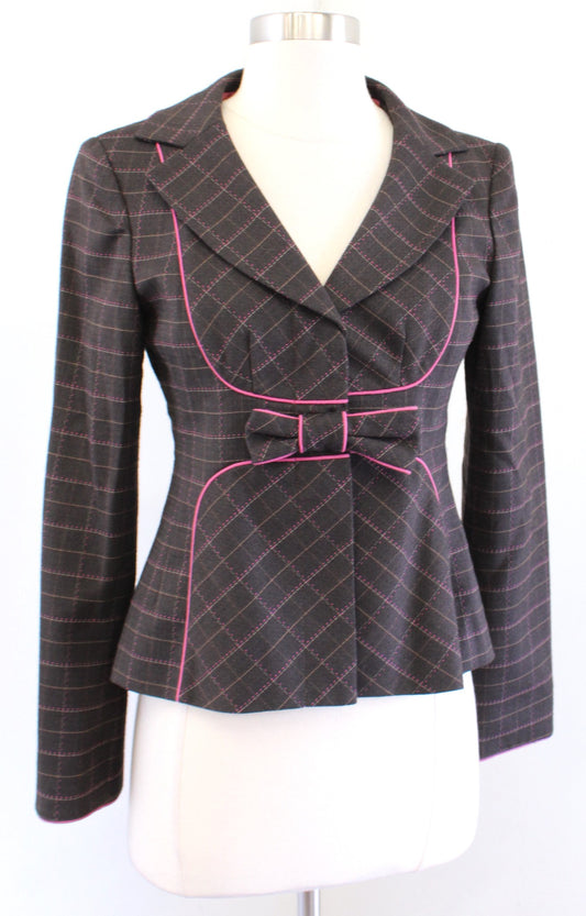 Vtg Nanette Lepore Brown Pink Plaid Bow Accent Blazer Jacket Size 2 Piped Trim