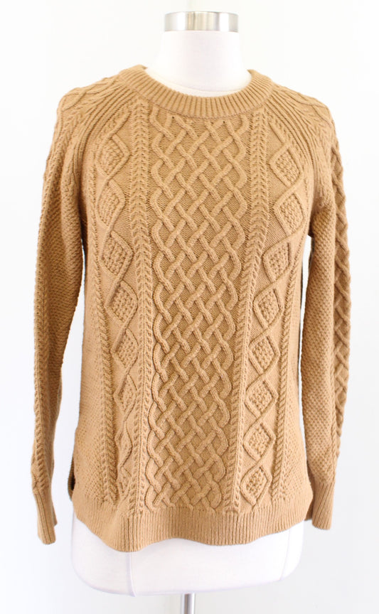 J Crew Womens Camel Tan Cotton Cable Knit Fisherman Style Sweater Size XS
