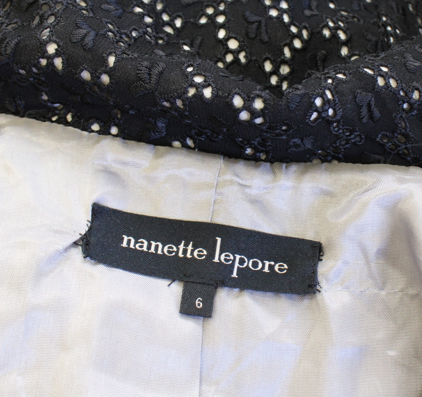 Nanette Lepore Black White Eyelet Lace Leather Trim Zip Up Moto Jacket Size 6