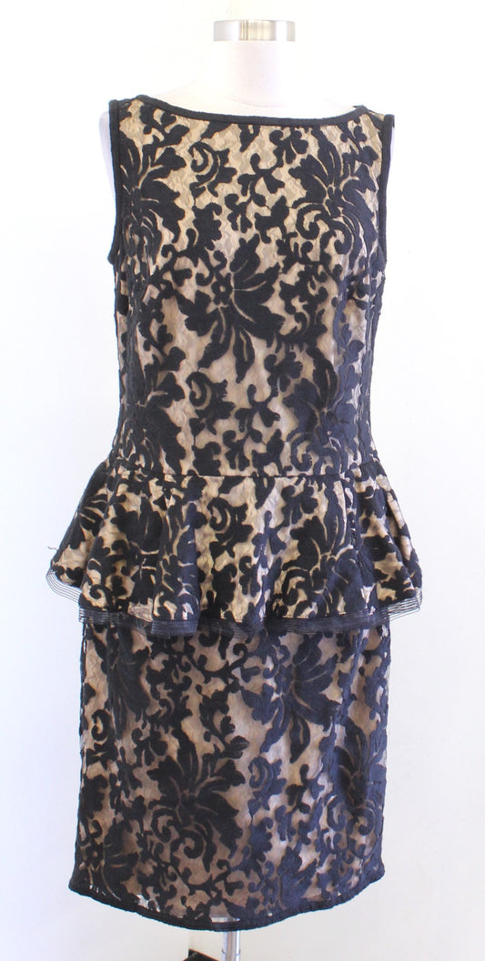 Tadashi Shoji Black Lace Illusion Peplum Sheath Dress Size 12 Cocktail Evening