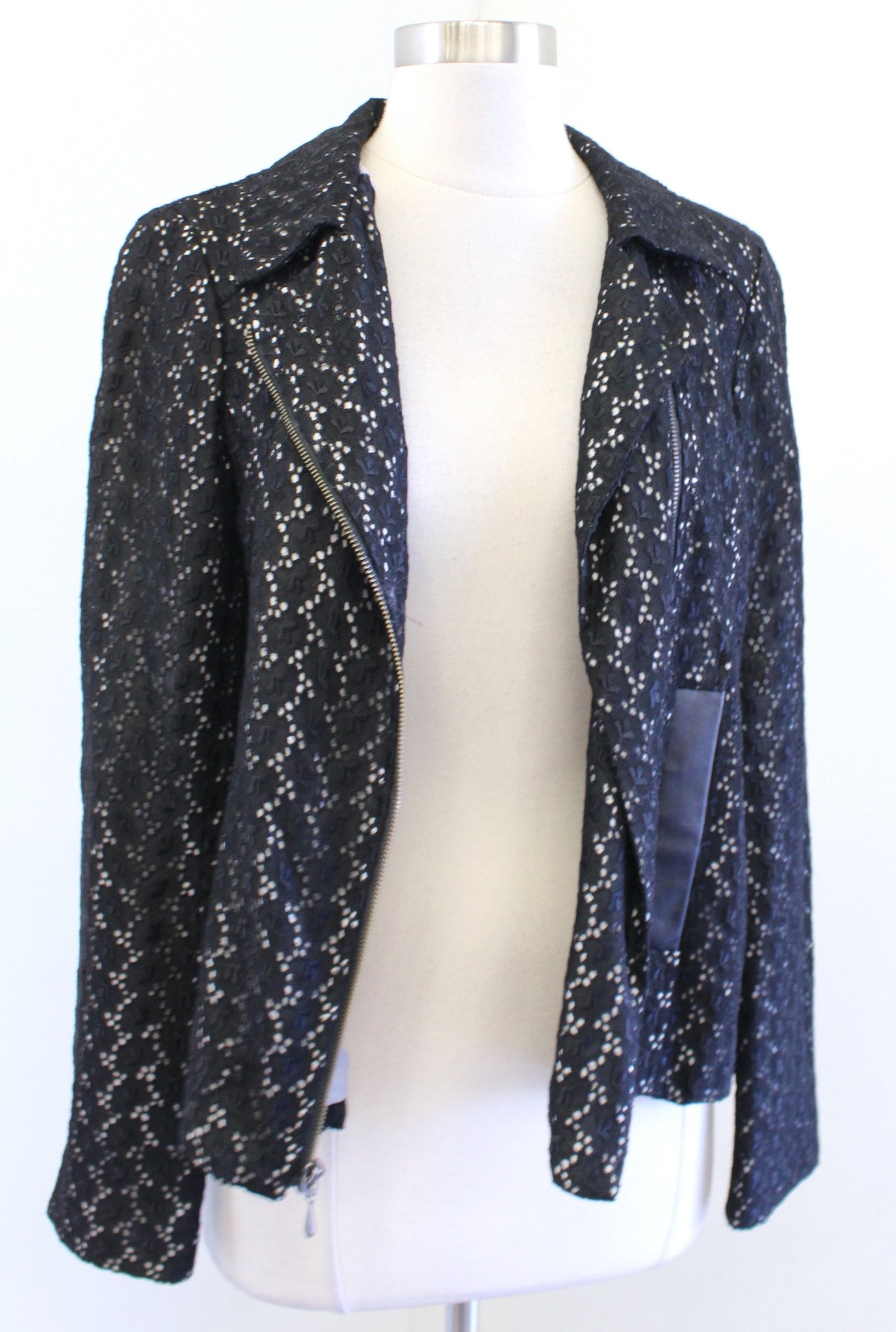 Nanette Lepore Black White Eyelet Lace Leather Trim Zip Up Moto Jacket Size 6