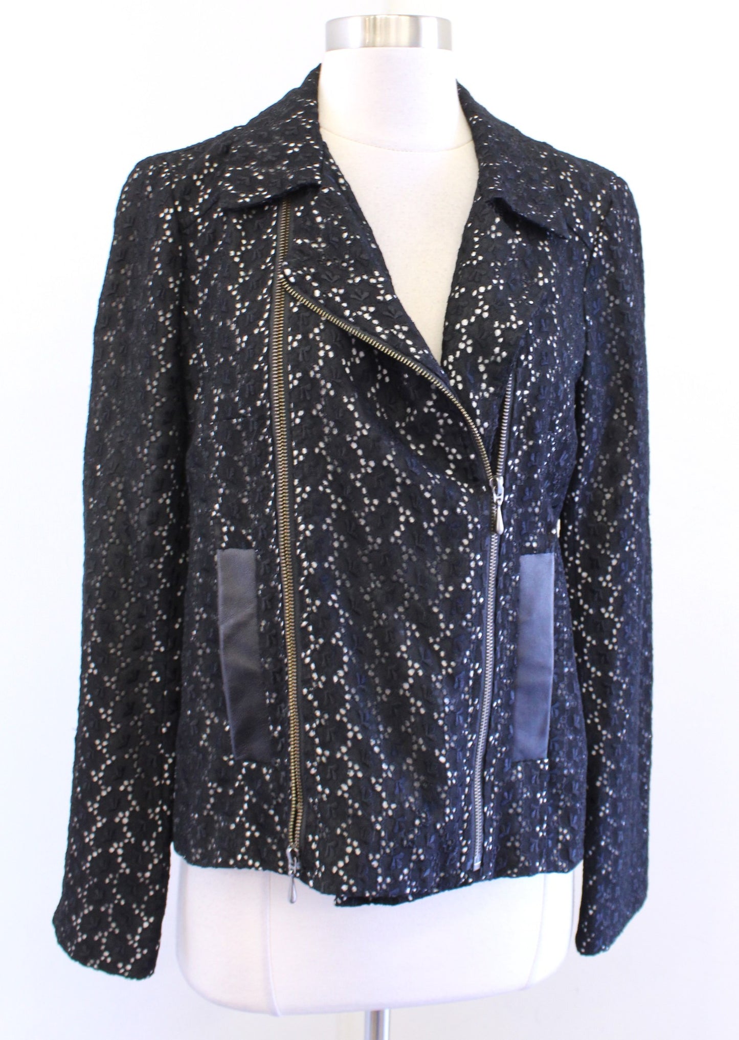 Nanette Lepore Black White Eyelet Lace Leather Trim Zip Up Moto Jacket Size 6