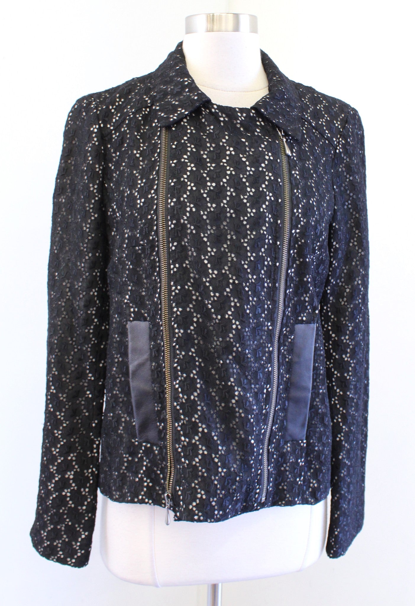 Nanette Lepore Black White Eyelet Lace Leather Trim Zip Up Moto Jacket Size 6