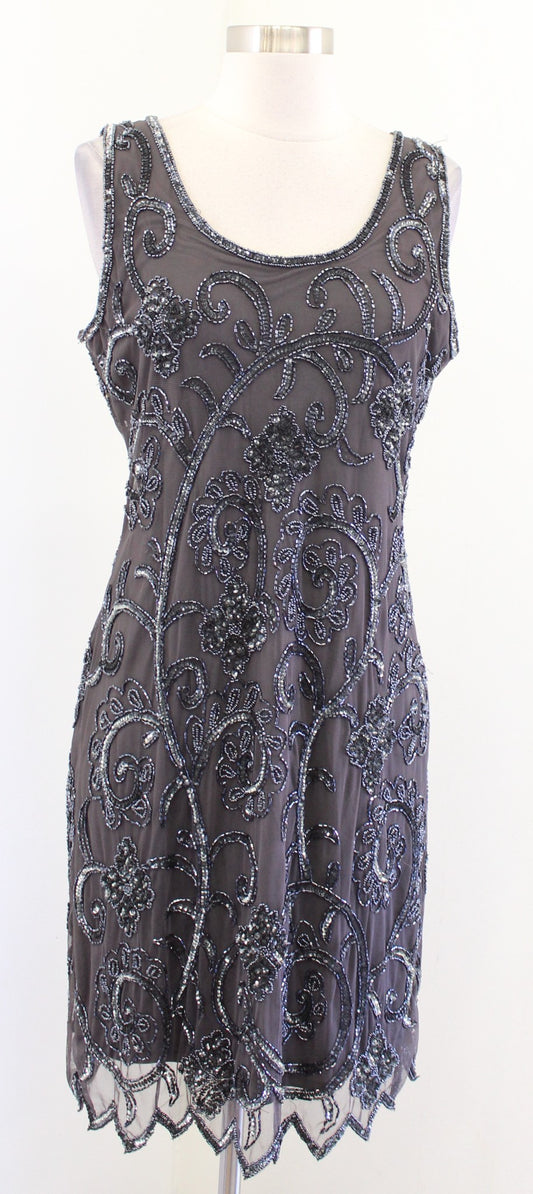 Gray Gunmetal Floral Sequin Beaded Mesh Cocktail Party Dress Size 10 Gatsby