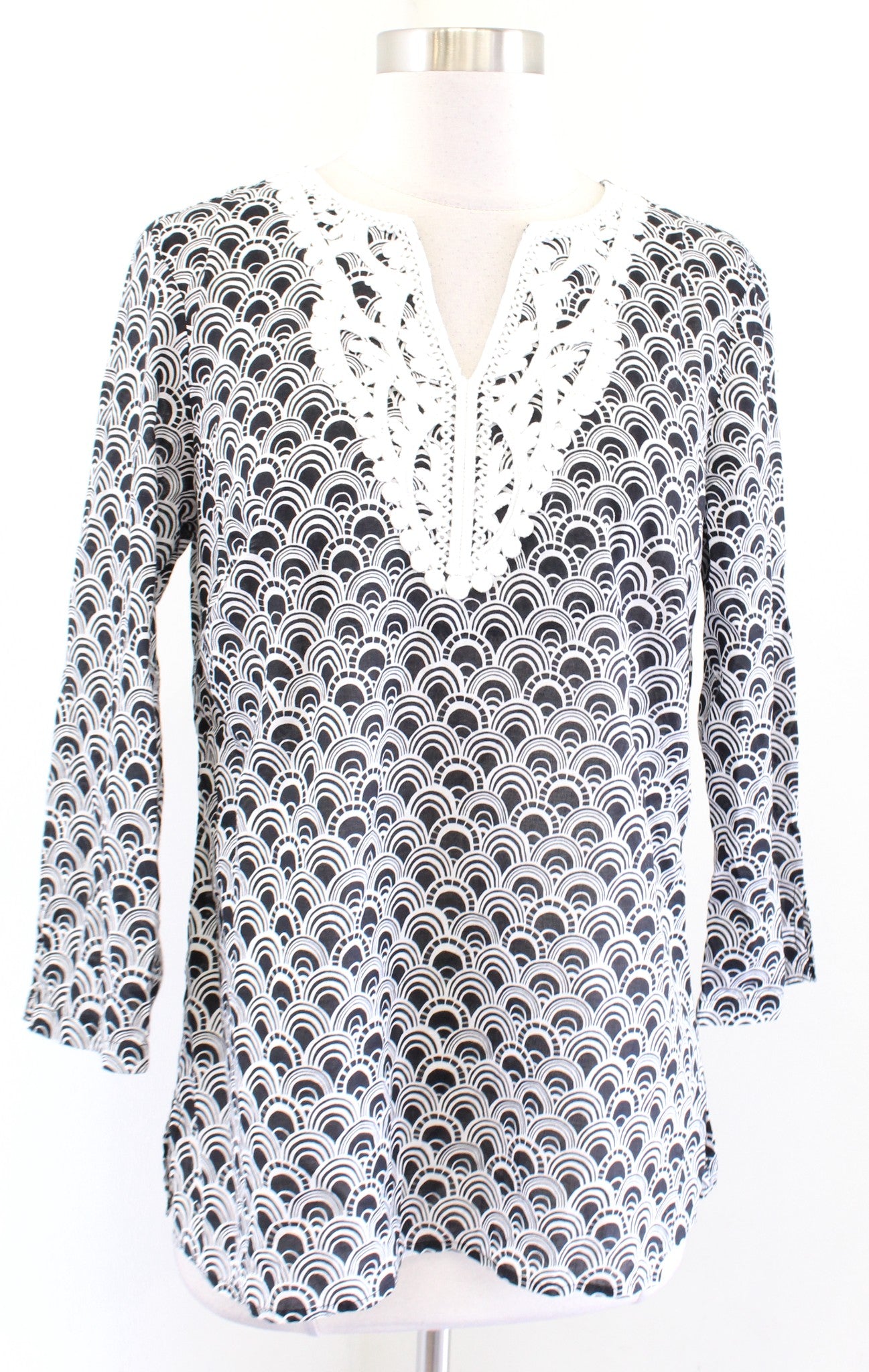NWT Talbots Black White Geometric Print Lace Applique Tunic Top Blouse Size XS