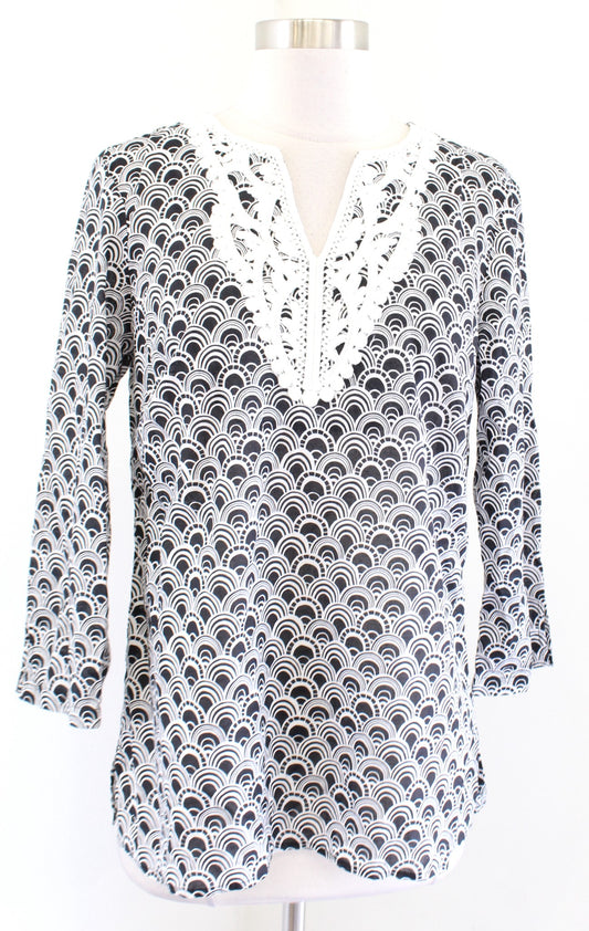 NWT Talbots Black White Geometric Print Lace Applique Tunic Top Blouse Size XS