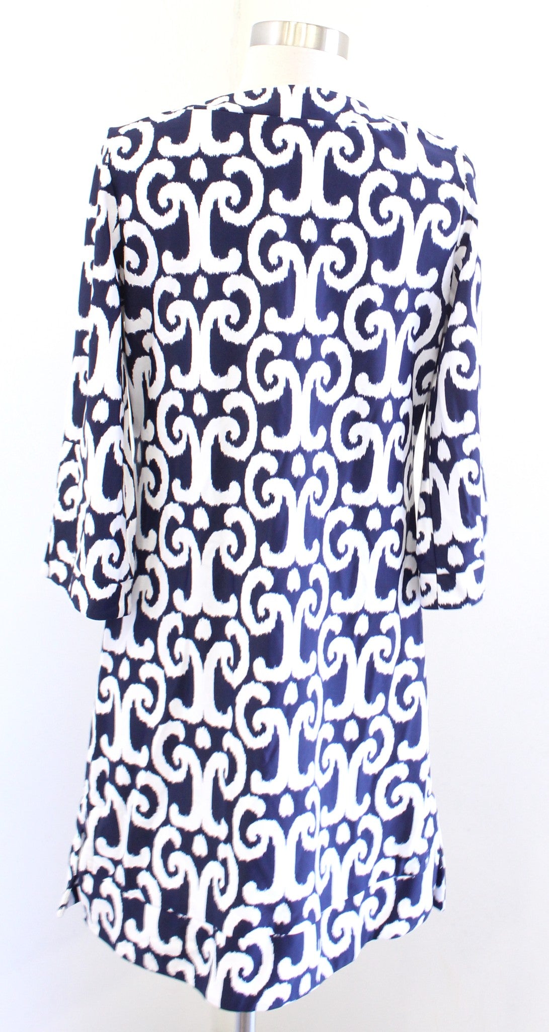 Jude Connally Navy Blue White Geometric Print Split Neck Tunic Dress Size M