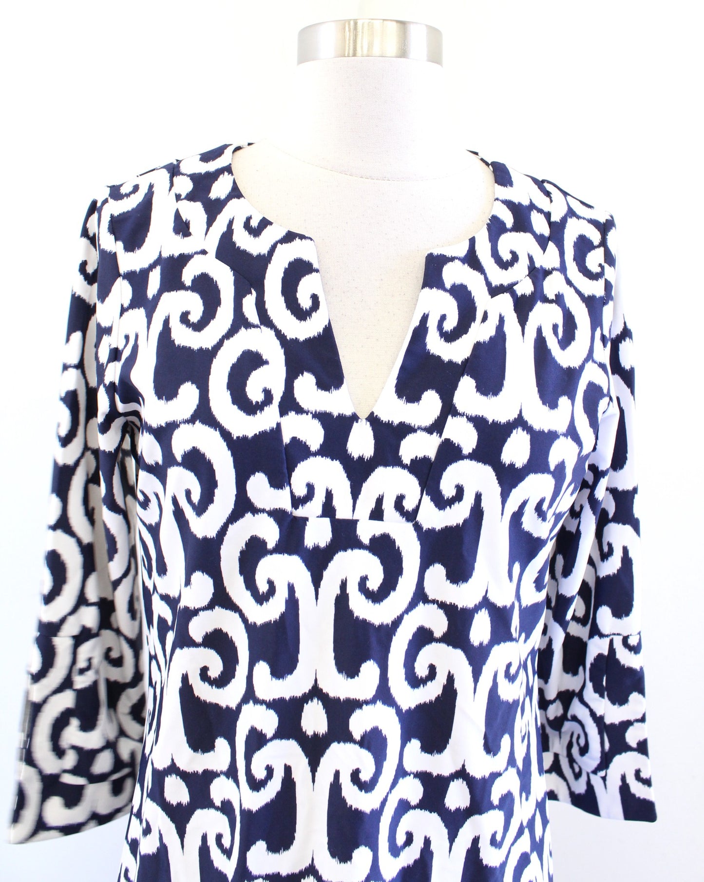 Jude Connally Navy Blue White Geometric Print Split Neck Tunic Dress Size M