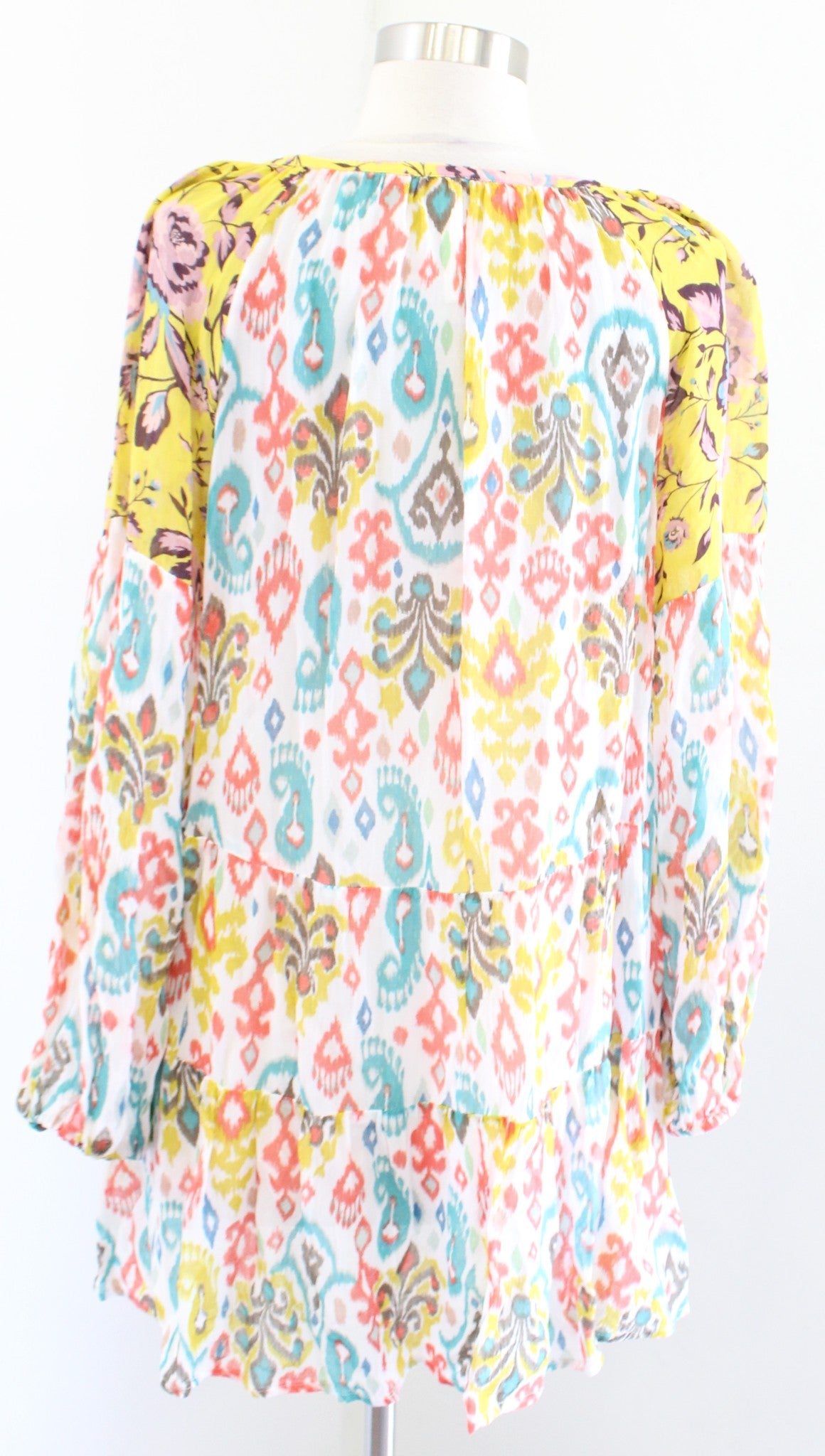 by Anthropologie Maureen Babydoll Tiered Tunic Top Blouse M Geometric Colorful Long Sleeve