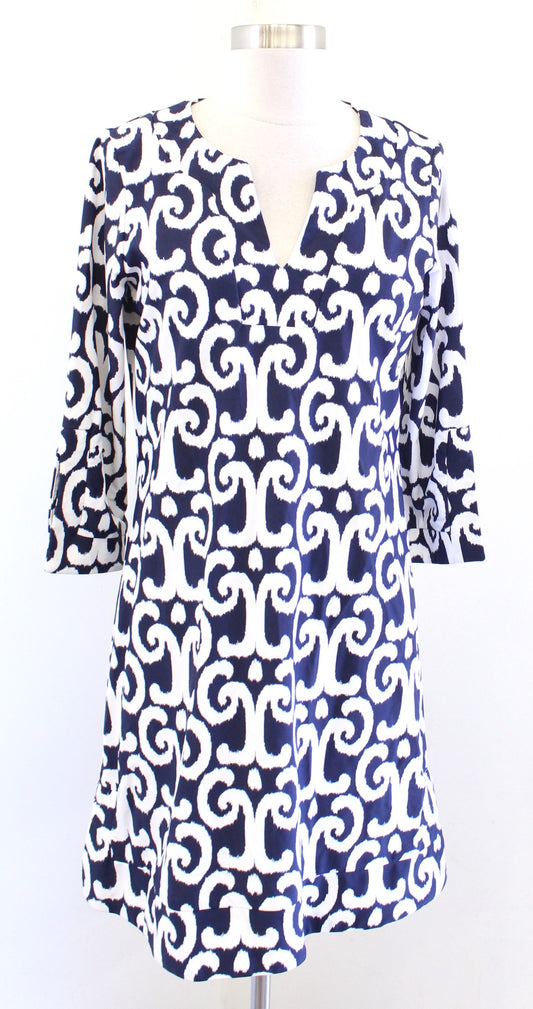 Jude Connally Navy Blue White Geometric Print Split Neck Tunic Dress Size M