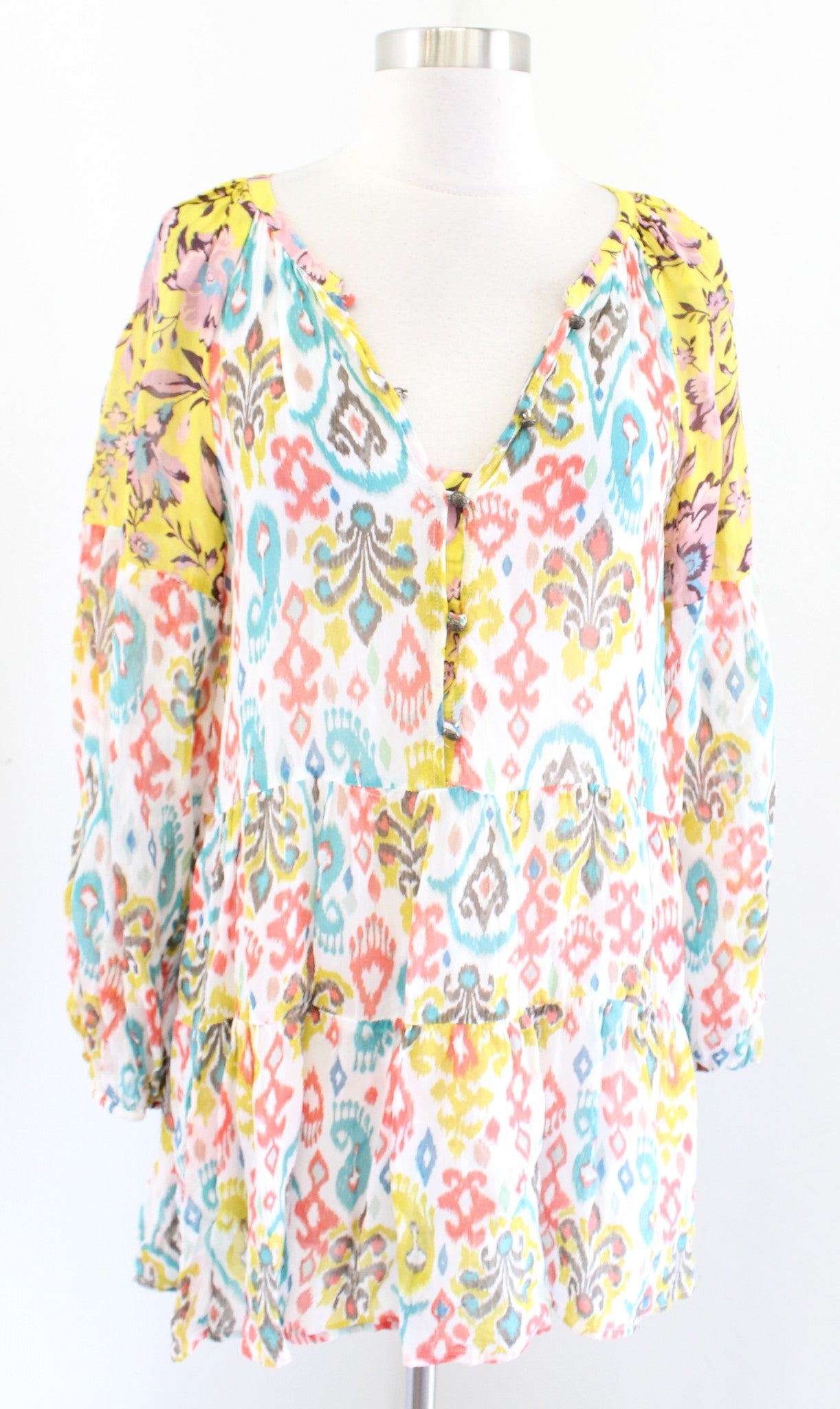 by Anthropologie Maureen Babydoll Tiered Tunic Top Blouse M Geometric Colorful Long Sleeve