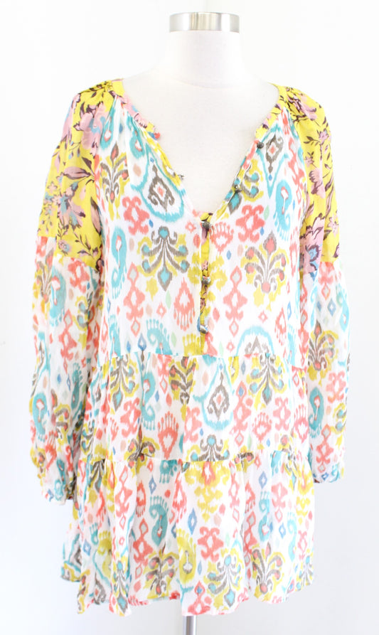 by Anthropologie Maureen Babydoll Tiered Tunic Top Blouse M Geometric Colorful Long Sleeve