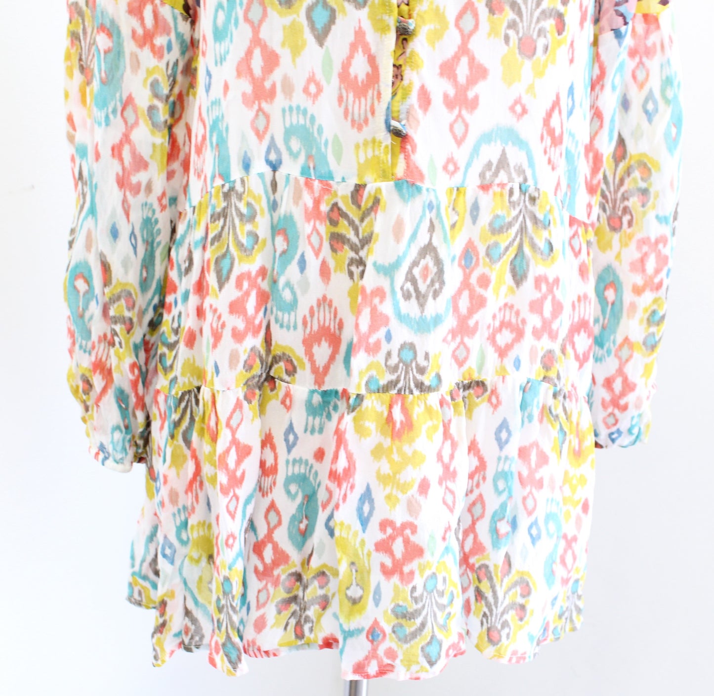 by Anthropologie Maureen Babydoll Tiered Tunic Top Blouse M Geometric Colorful Long Sleeve