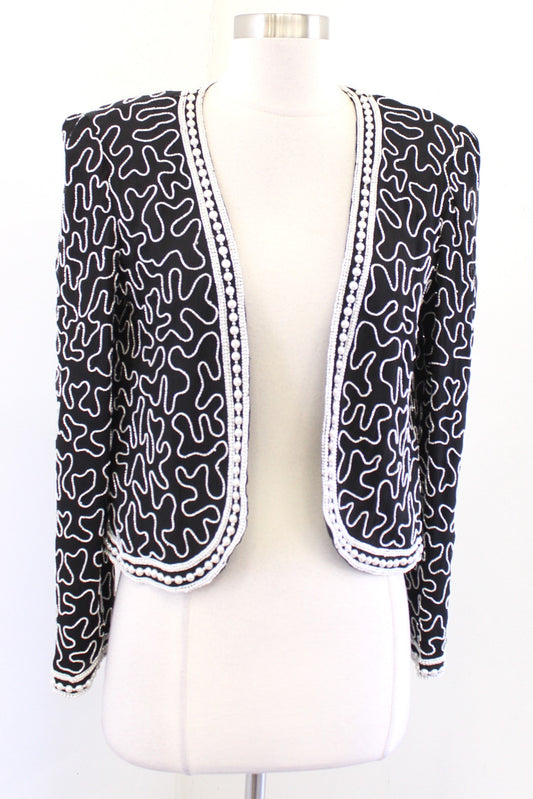 Vtg Black White Pearl Silk Beaded Sequin Crop Evening Formal Open Jacket Size M