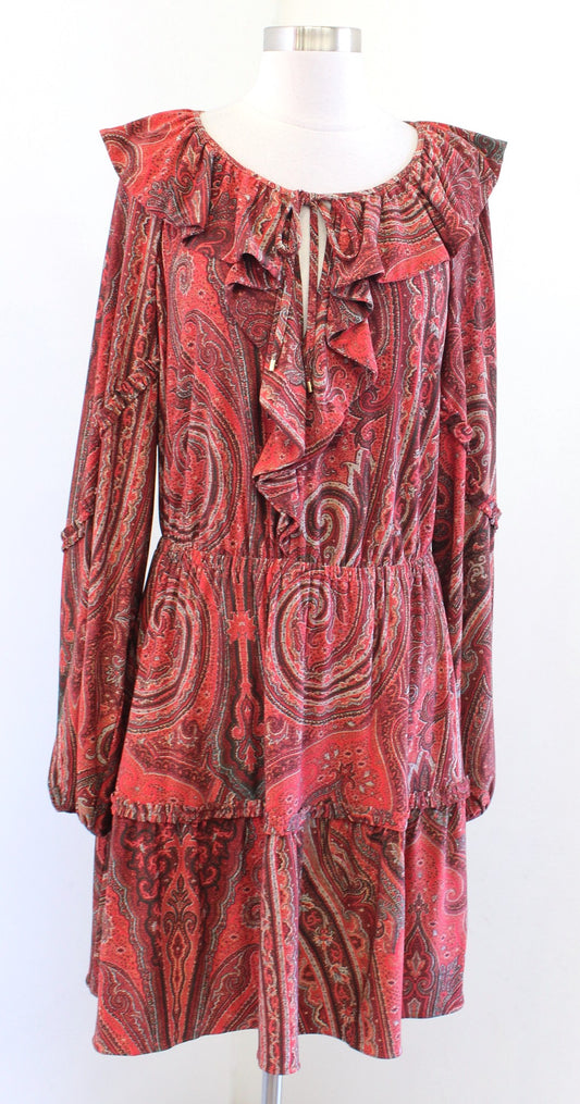 NWT Lauren Ralph Lauren Red Orange Paisley Print Ruffle Tiered Jersey Dress 10