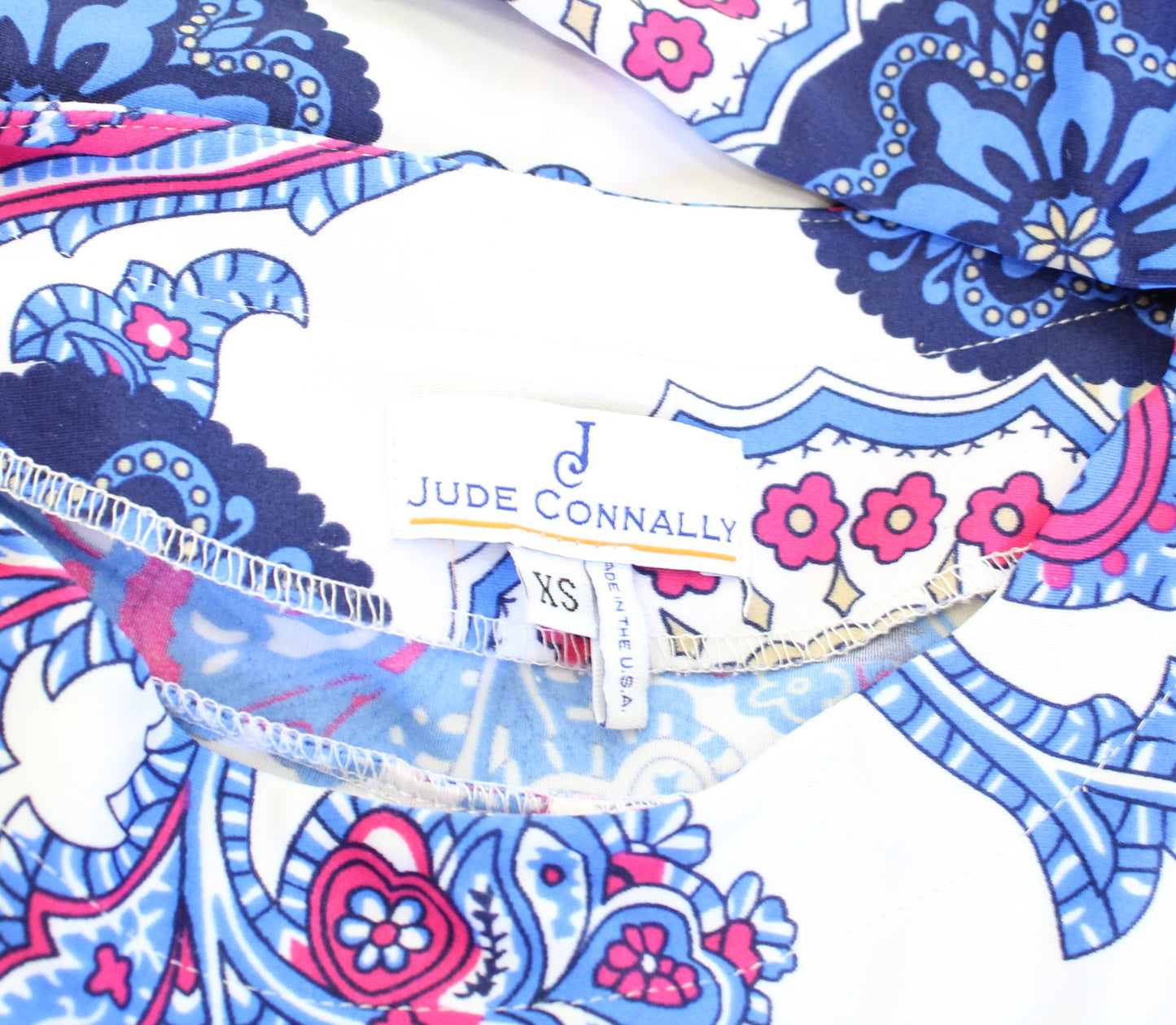 Jude Connally Blue White Paisley Medallion Print Short Sleeve Dress Size XS