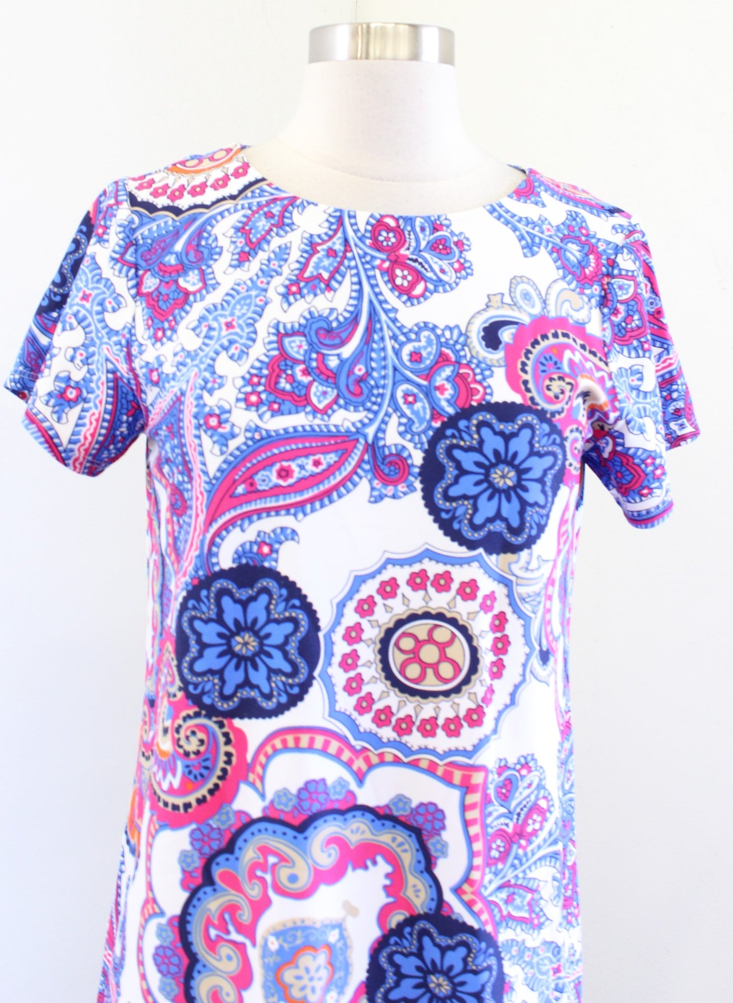 Jude Connally Blue White Paisley Medallion Print Short Sleeve Dress Size XS