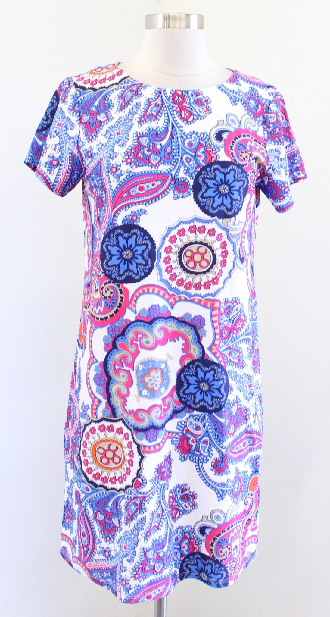 Jude Connally Blue White Paisley Medallion Print Short Sleeve Dress Size XS