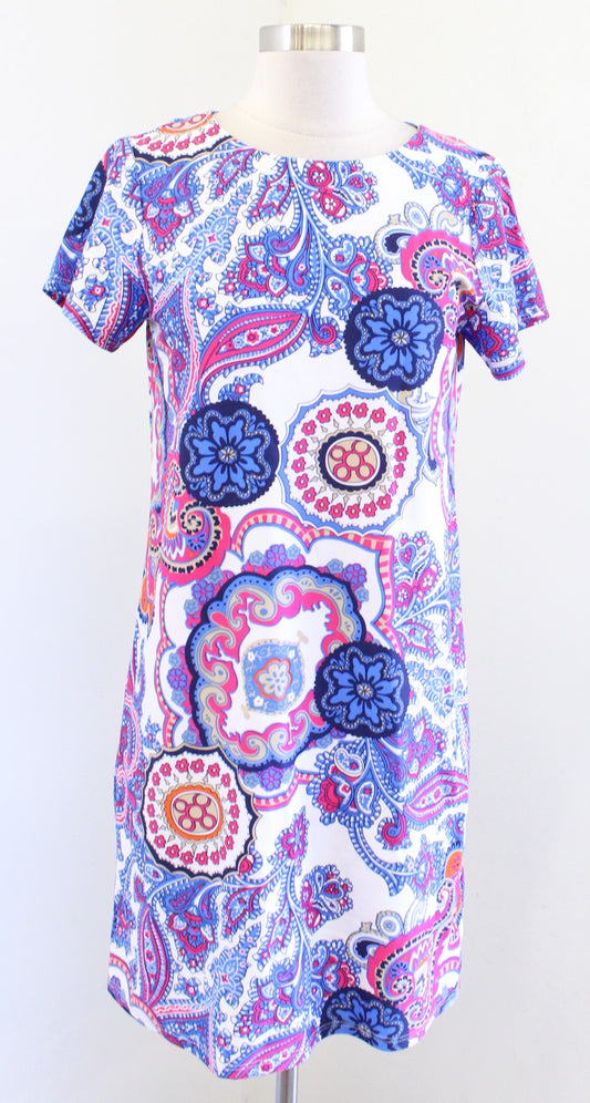 Jude Connally Blue White Paisley Medallion Print Short Sleeve Dress Size XS