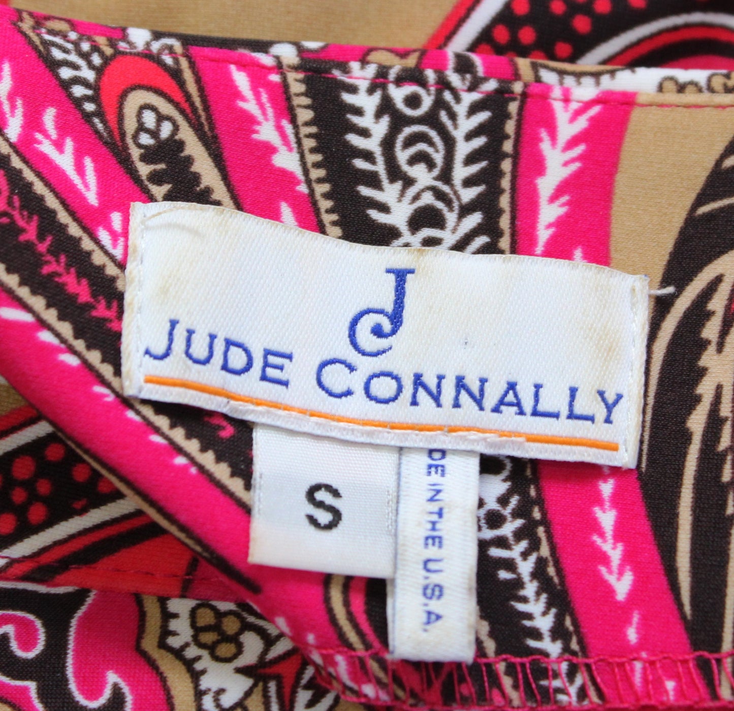 Jude Connally Pink Red Tan Paisley Medallion Print Ruched Jude Cloth Dress sz S