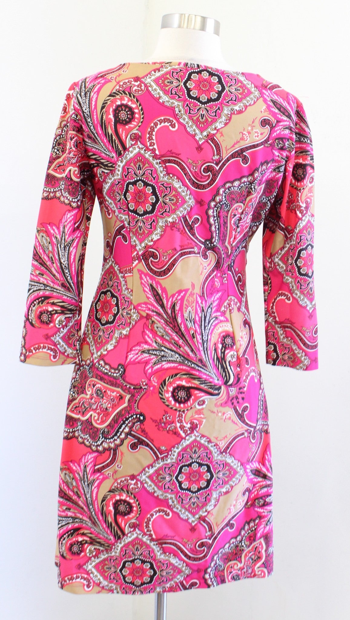 Jude Connally Pink Red Tan Paisley Medallion Print Ruched Jude Cloth Dress sz S