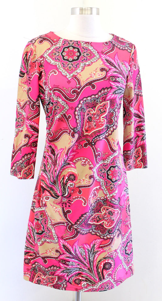 Jude Connally Pink Red Tan Paisley Medallion Print Ruched Jude Cloth Dress sz S