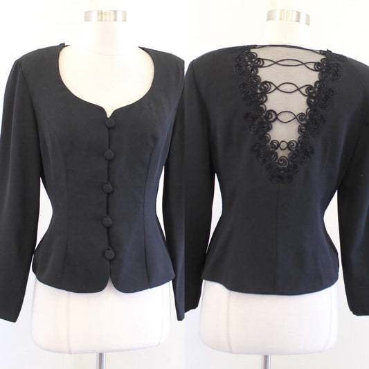 Vtg 90s Black Button Front Blazer Style Evening Top Blouse Size 4 Mesh Lace Back