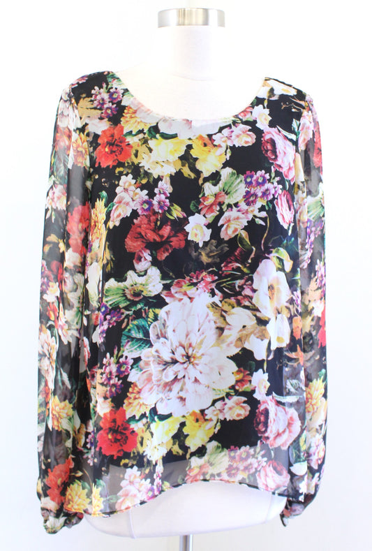 Show Me Your Mumu Black Multi Color Floral Print Long Sleeve Top Blouse Size S